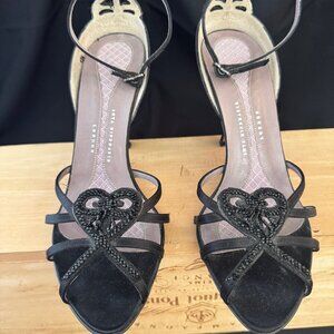 Anya Hindmarch black intricately beaded silk/satin high-heeled sandal